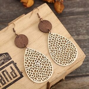 Virelle Boho Hollow Leather & Wood Teardrop Earrings